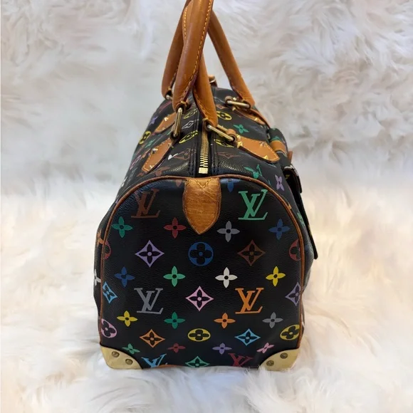 Louis Vuitton Black Multicolor Monogram Speedy Satchel with Tan Leather - Picture 6 of 17